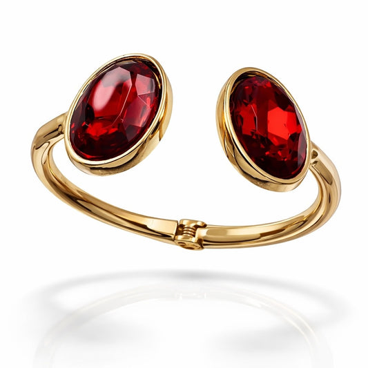 Elegant Ruby Red Oval Stone Gold-Tone Open Cuff Bracelet