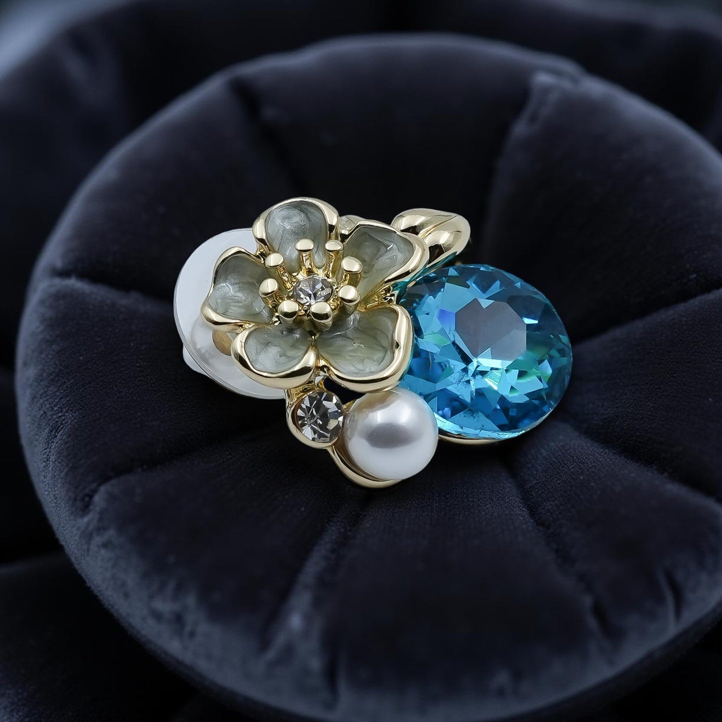 Blue Crystal Floral Stud Earrings