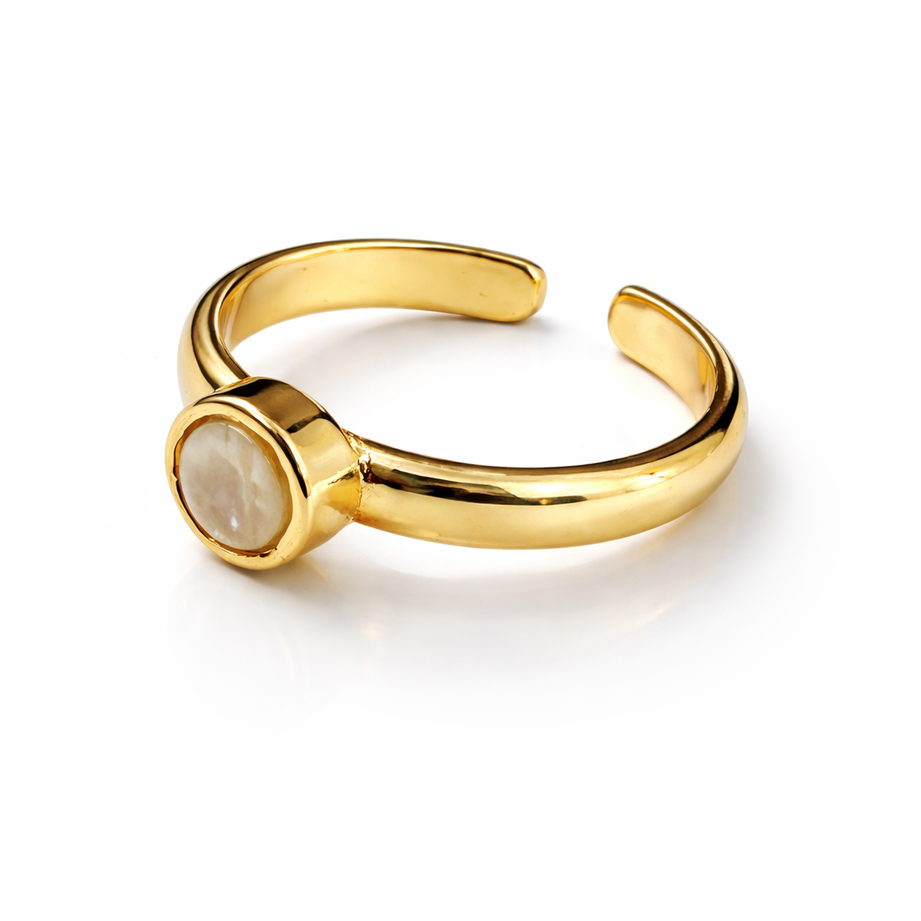 Jinam gold-tone adjustable ring featuring a natural iridescent shell stone with a minimalist design.