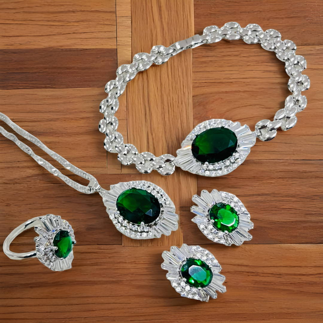 Emerald Green Crystal Jewellery Set – Necklace, Bracelet, Earrings & Ring