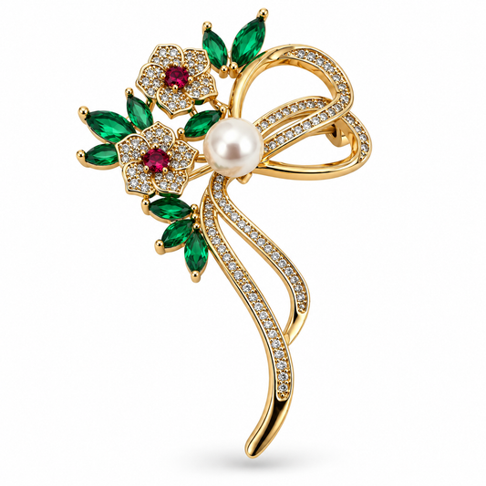 Gold-Tone Floral Bow Pearl-Effect Brooch