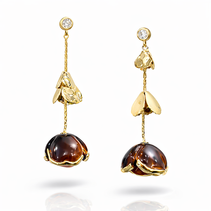 Amber Floral Gold Drop Earrings with Crystal Stud