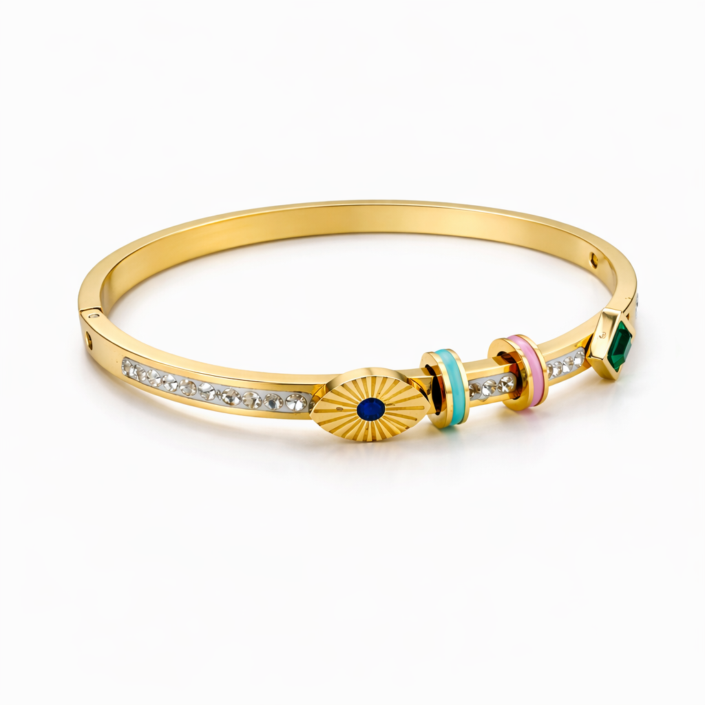 Elegant Gold-Tone Multi-Charm Bracelet with Green Stone & Enamel Accents | Anti-Tarnish