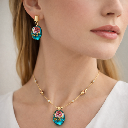 Turquoise Rose Semi-Precious Stone Pendant Necklace Set with Earrings