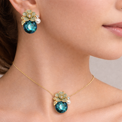 Blue Crystal Floral Stud Earrings