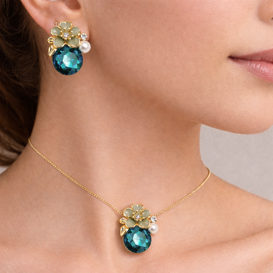 Blue Crystal Floral Stud Earrings