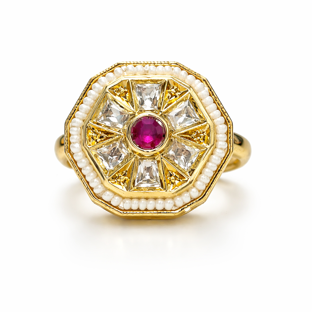 Royal Ruby Polki Statement Ring in Gold-Tone Finish