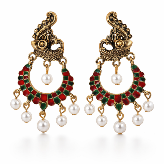 Antique Gold Peacock Chandbali Earrings with Red-Green Meenakari & Pearl Drops
