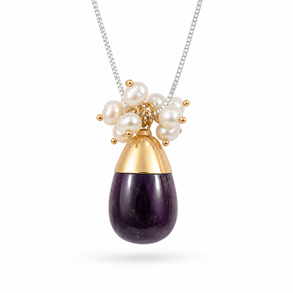 Amethyst Drop & Pearl Cluster Pendant Necklace – Silver Chain
