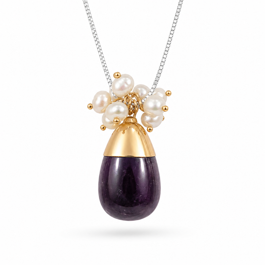 Amethyst Drop & Pearl Cluster Pendant Necklace – Silver Chain