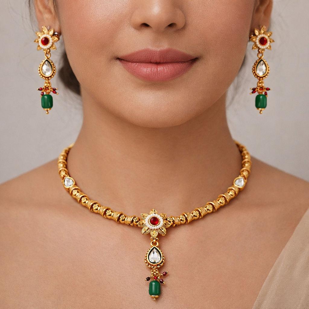 Jinam Floral Grace Ruby Emerald Necklace Set featuring a detailed floral design with vibrant red and green gemstones.