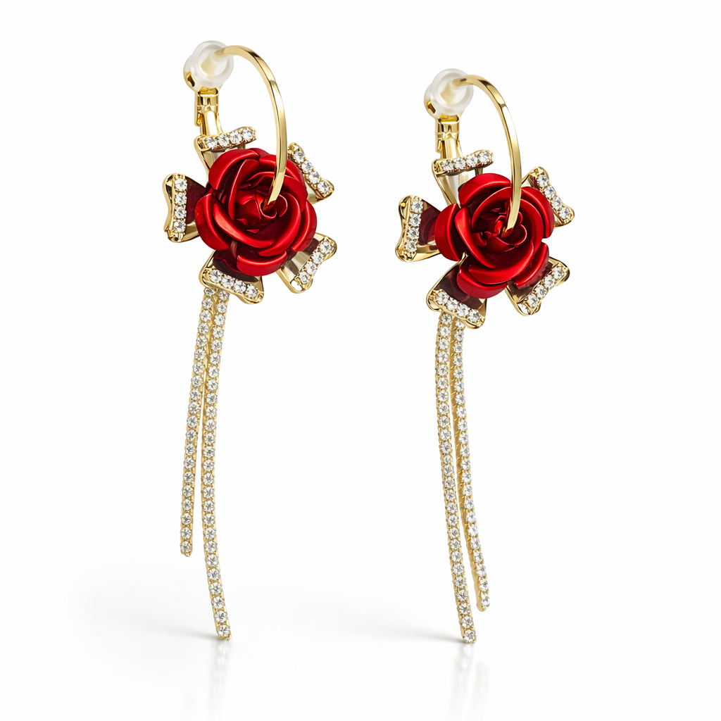 Red rose hoop earrings with crystal tassels by Jinam, featuring floral-inspired design and sparkling dangling accents.