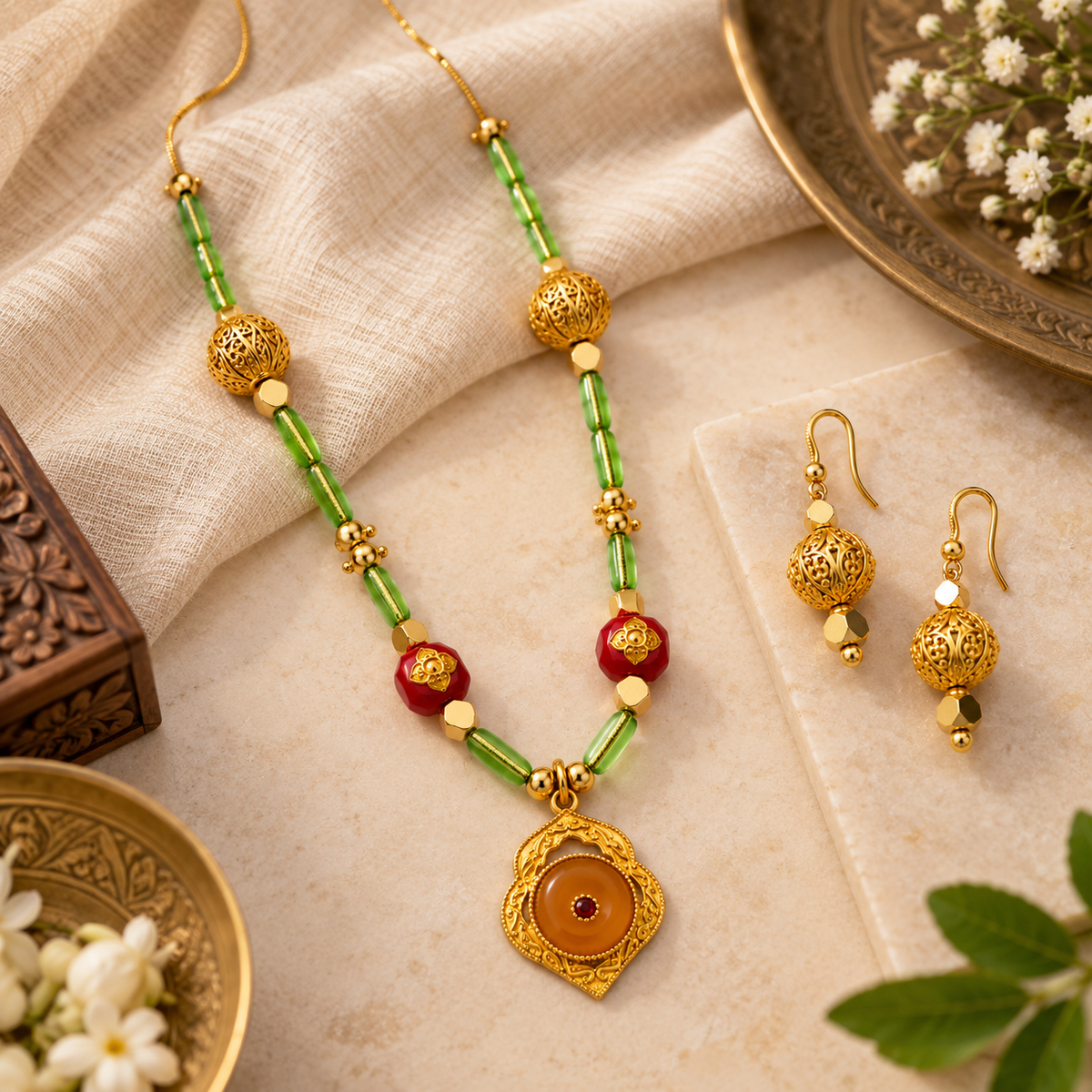 Gold Filigree Ball Necklace Set with green glass tube beads and red enamel flower beads styled on cream fabric with jasmine flowers and wooden box