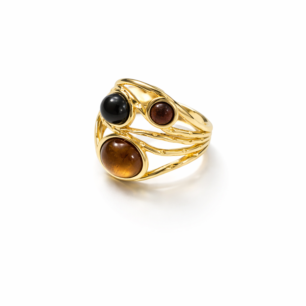 Jinam Golden Tiger Eye multi-stone statement ring with intricate design and vibrant gemstone accents on silver band