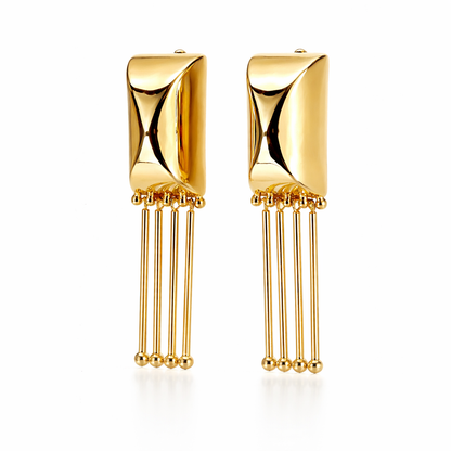 Gold Quilted Rectangle Tassel Bar Earrings with Ball-Tip Rod Drops