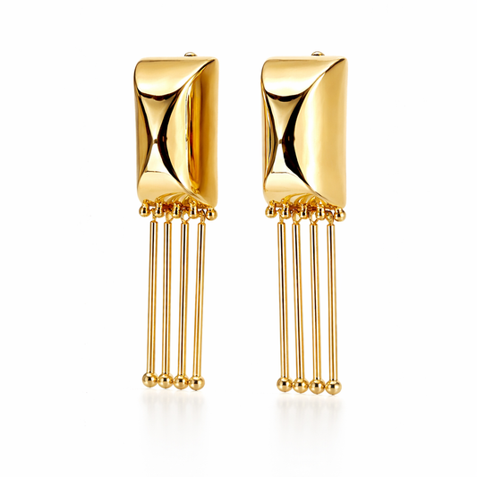 Gold Quilted Rectangle Tassel Bar Earrings with Ball-Tip Rod Drops