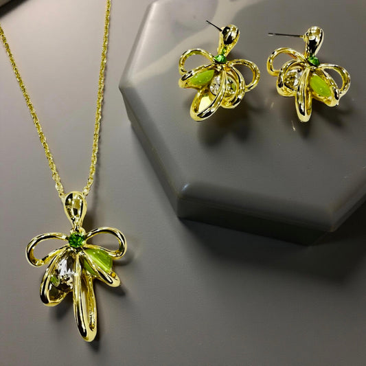 Elegant Green Crystal Bow Pendant with Chain & Matching Earrings
