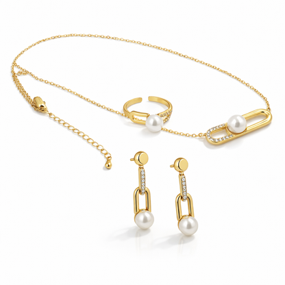 Gold-plated pearl link pendant jewelry set with earrings and ring, featuring CZ accents and anti-tarnish finish by Jinam.