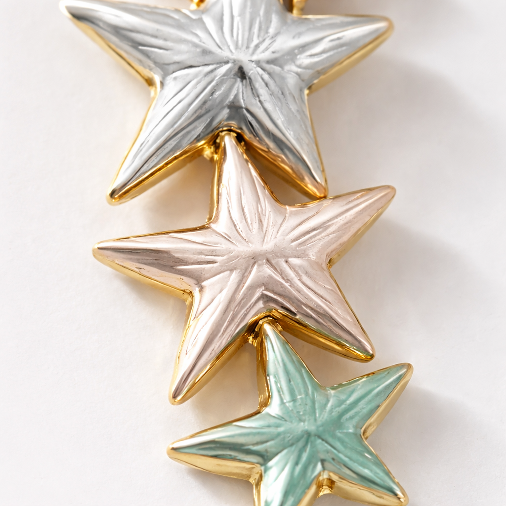 Tri-Tone Triple Star Cascade Drop Earrings in Silver, Rose Gold & Mint