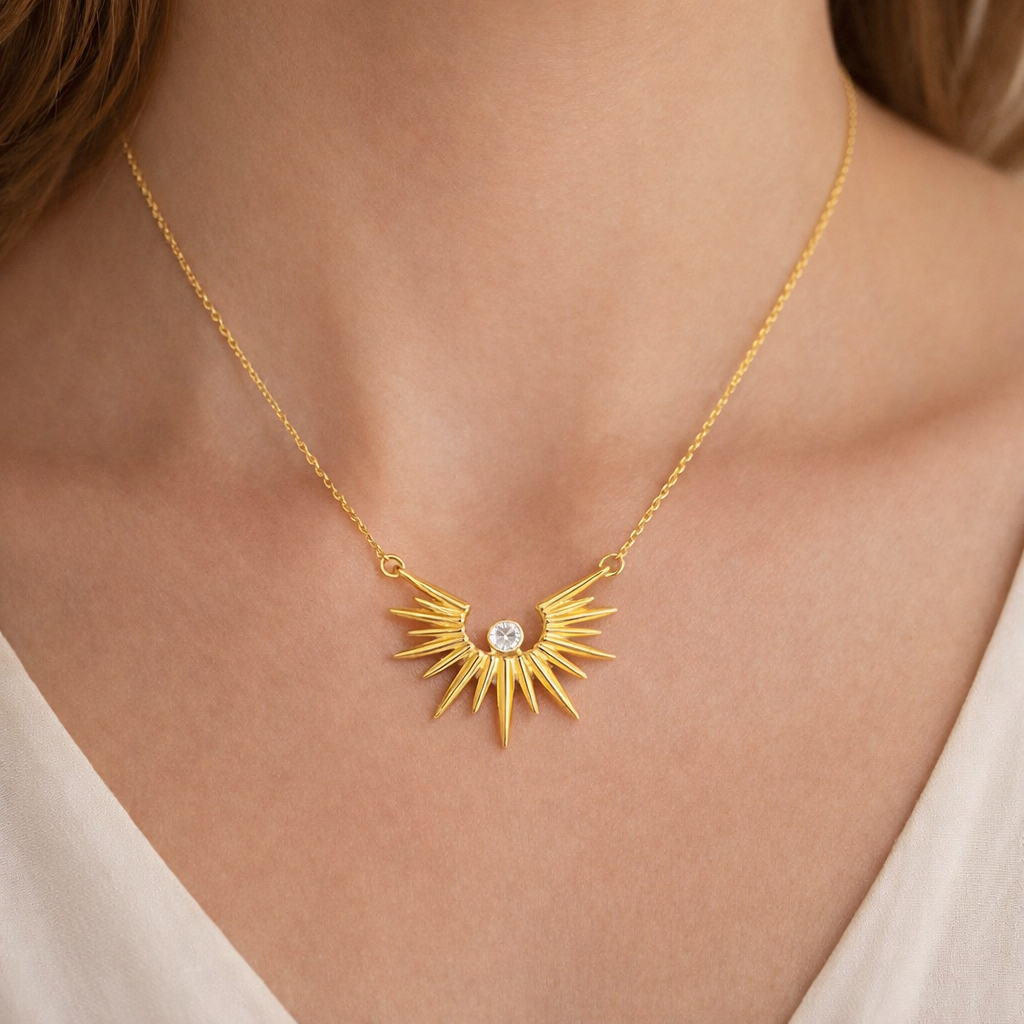 Gold Sunburst Pendant Necklace with Crystal