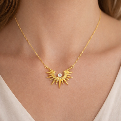 Gold Sunburst Pendant Necklace with Crystal