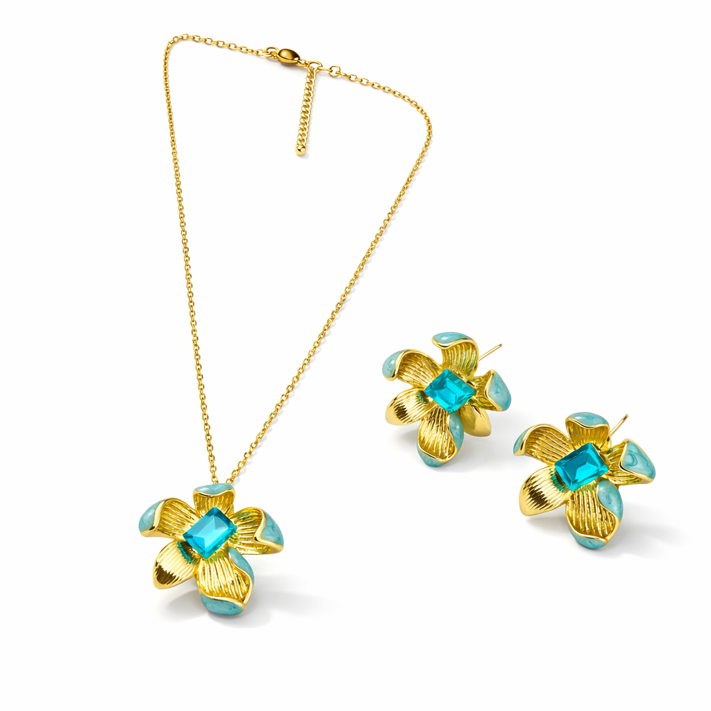 Ocean Blue Floral Gold Finish Pendant Set