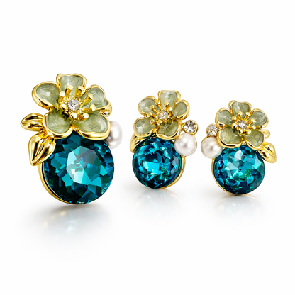 Blue Crystal Floral Stud Earrings