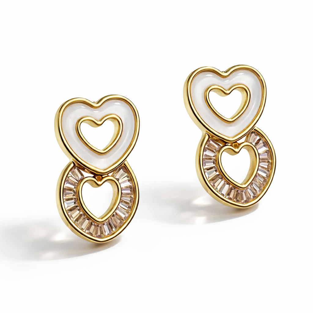 Double Heart Gold Stud Earrings