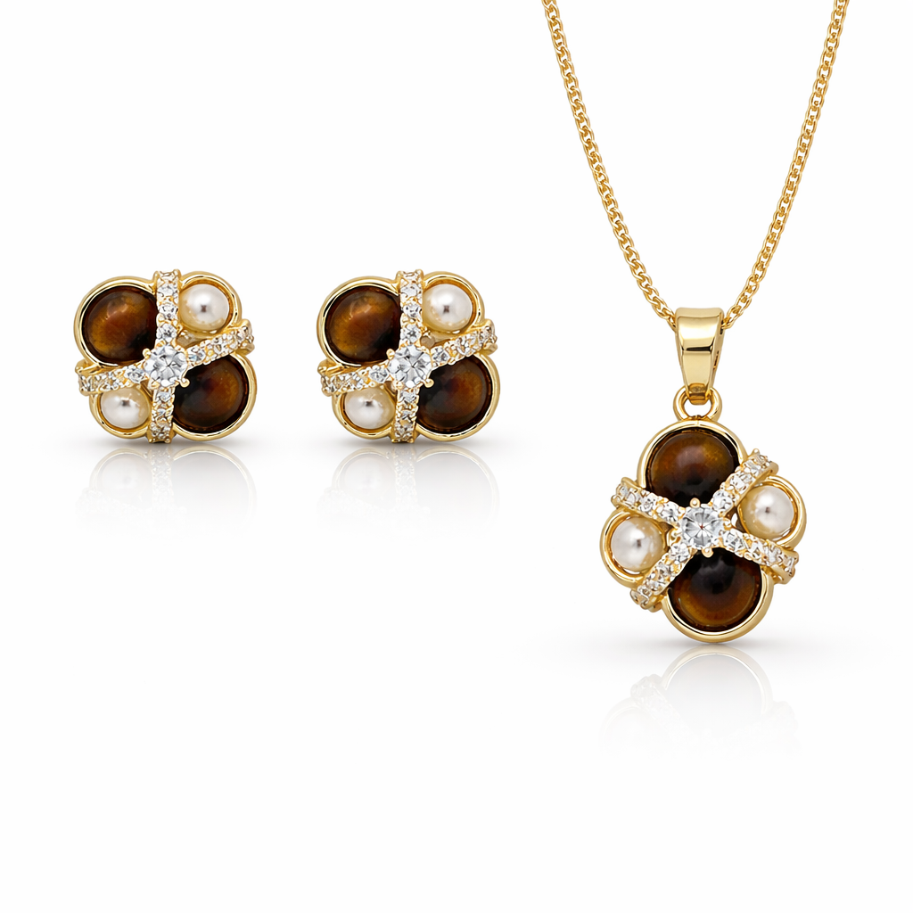 Gold-plated tiger eye and pearl pendant necklace set with CZ crisscross design, featuring elegant jewelry craftsmanship.