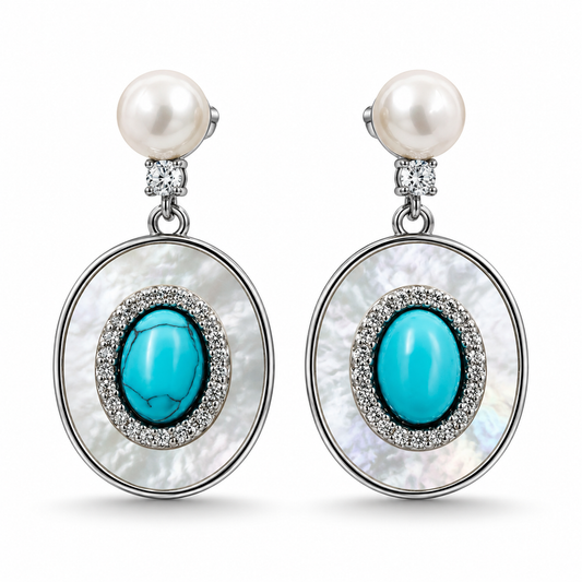 Turquoise Oval Drop Earrings - Silver