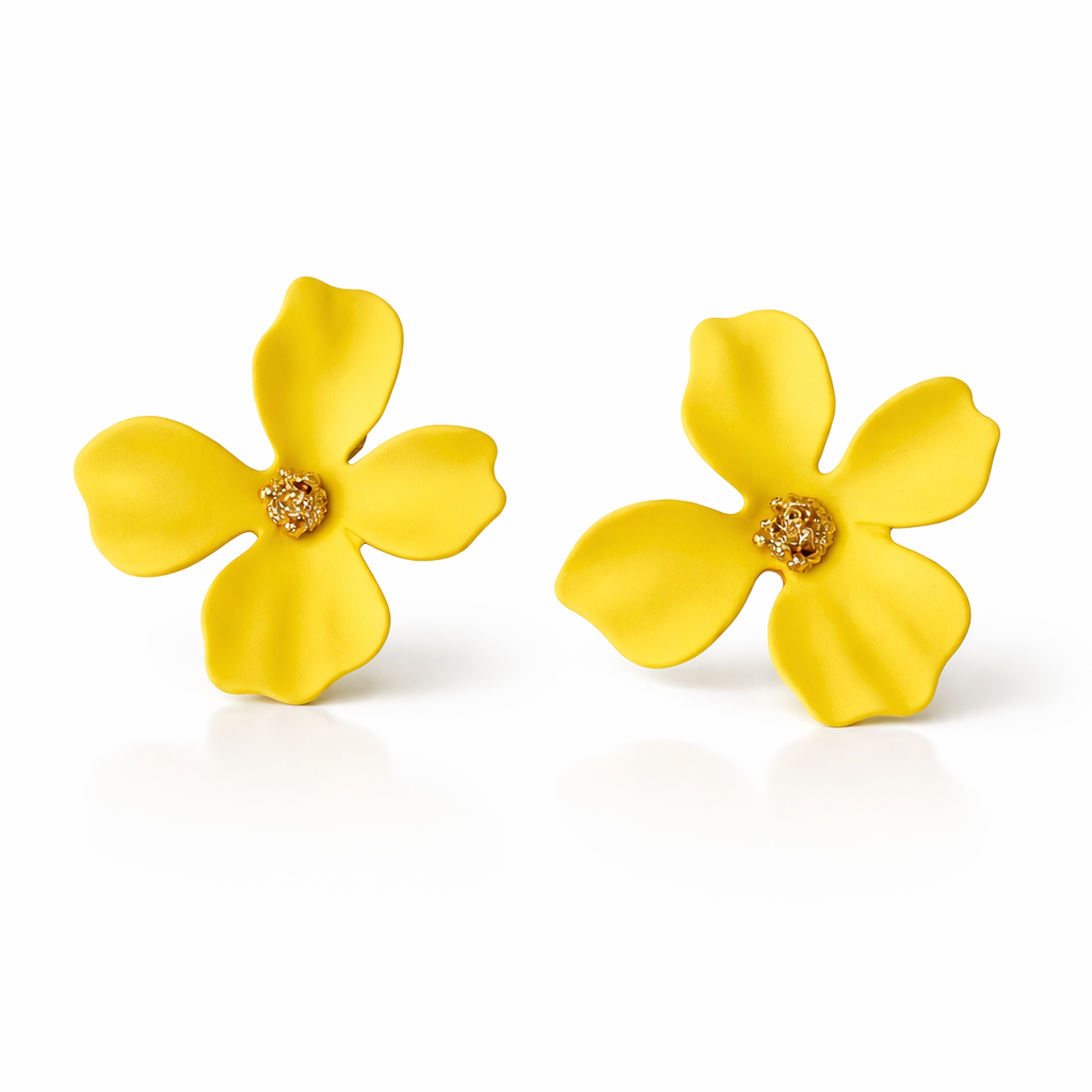 Bright yellow matte floral statement earrings by Jinam with bold, colorful flower design and gold-tone accents.