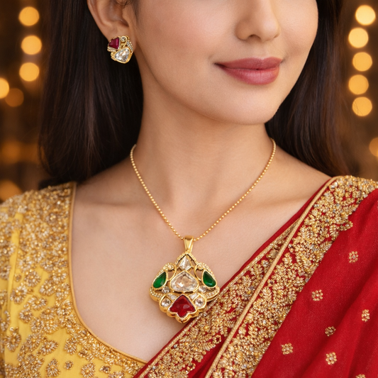 Traditional Kundan Style Multistone Pendant & Earrings Set
