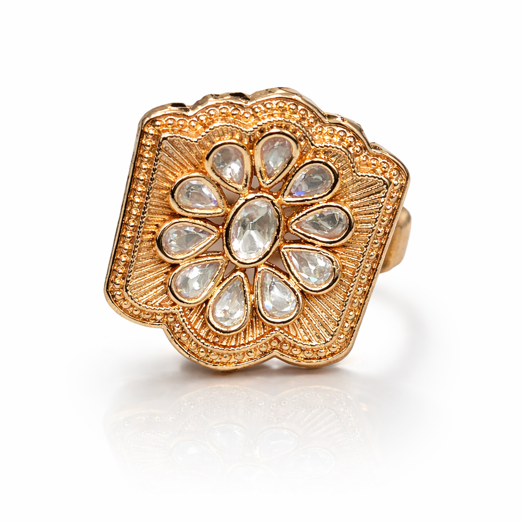 Heritage Polki Square Ring in Antique Gold Finish