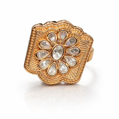 Heritage Polki Square Ring in Antique Gold Finish