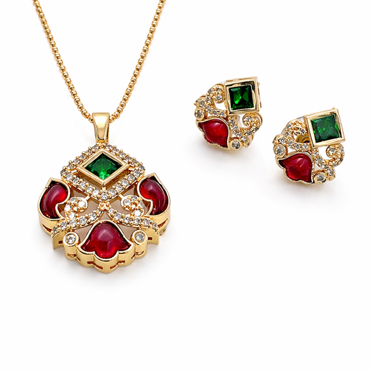 Rajwadi Ruby Emerald Crown Pendant Set