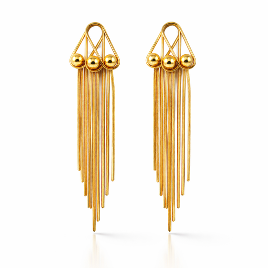 Gold Wire Geometric Triangle Tassel Fringe Earrings with Snake Chain Drops