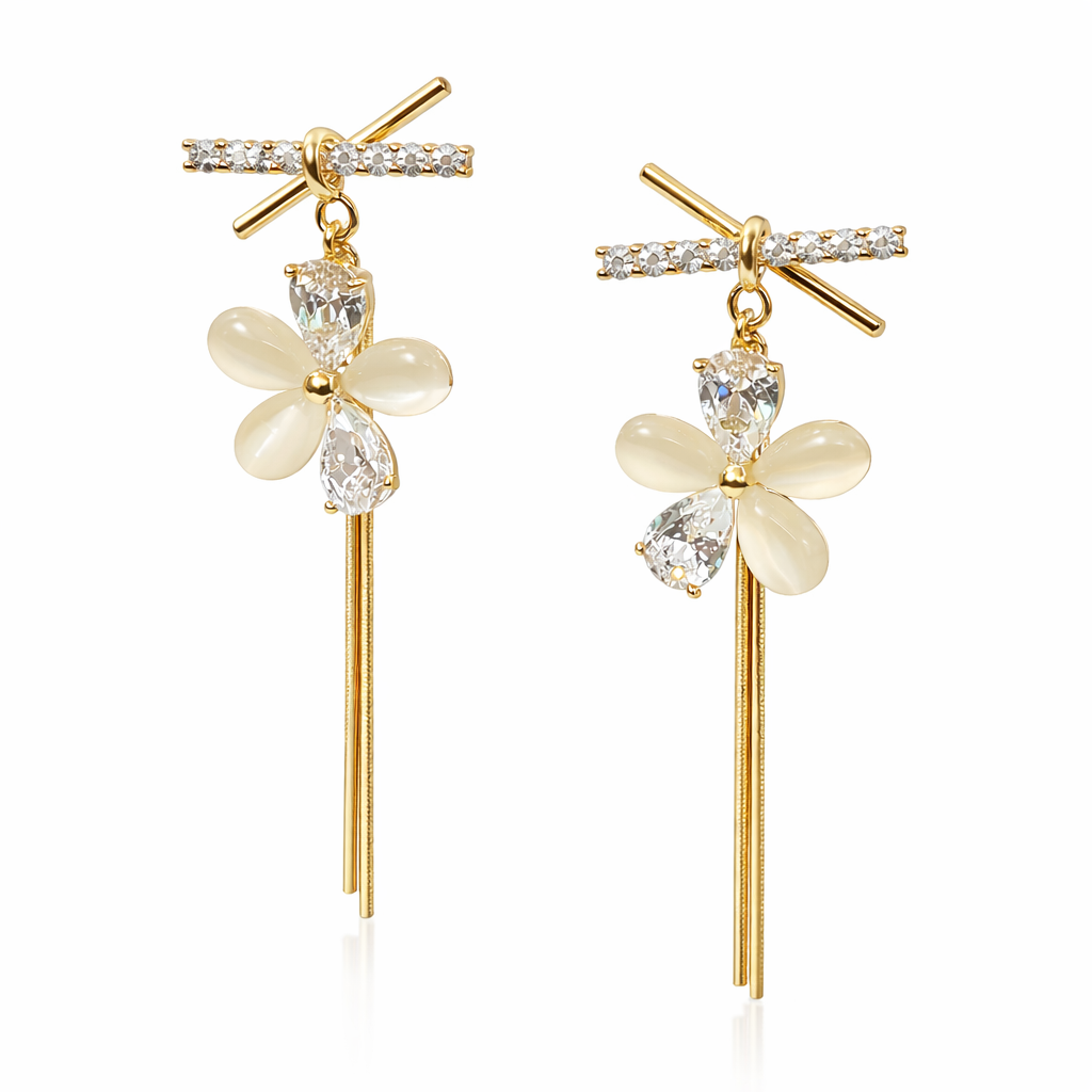 Luxury Floral Crystal Long Drop Earrings