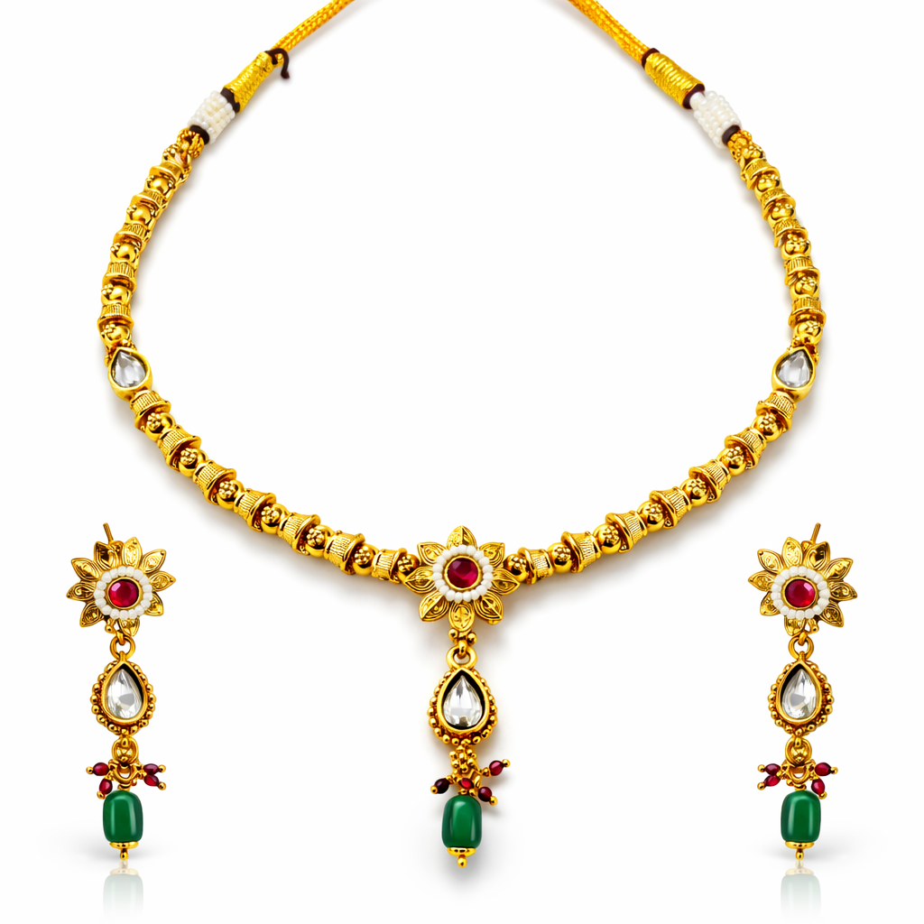 Jinam Floral Grace Ruby Emerald Necklace Set featuring a delicate gold necklace with floral ruby and emerald accents.