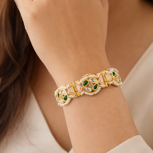 Royal Kundan Bracelet with Green Stones & Pearl Detailing