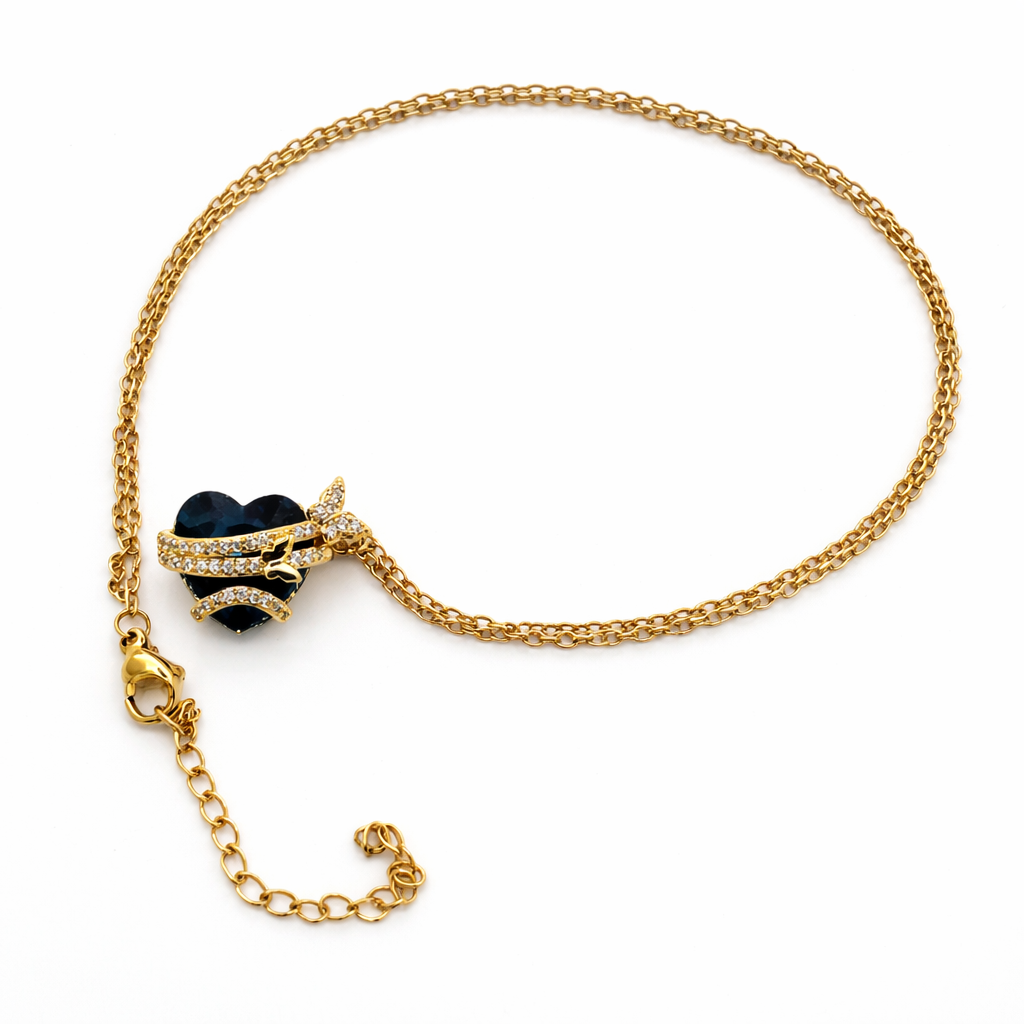 Blue Heart Butterfly Pendant Necklace in Gold Finish