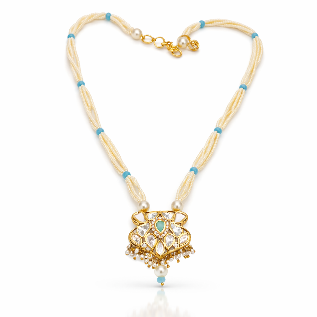 Aqua Kundan Pearl Handcrafted Necklace Set with Jhumkas
