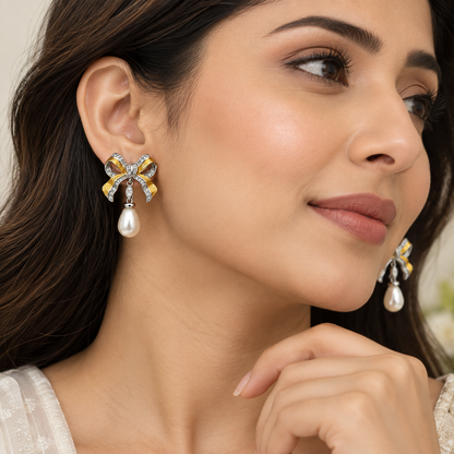 Dual-Tone Bow Pearl-Effect Drop Earrings