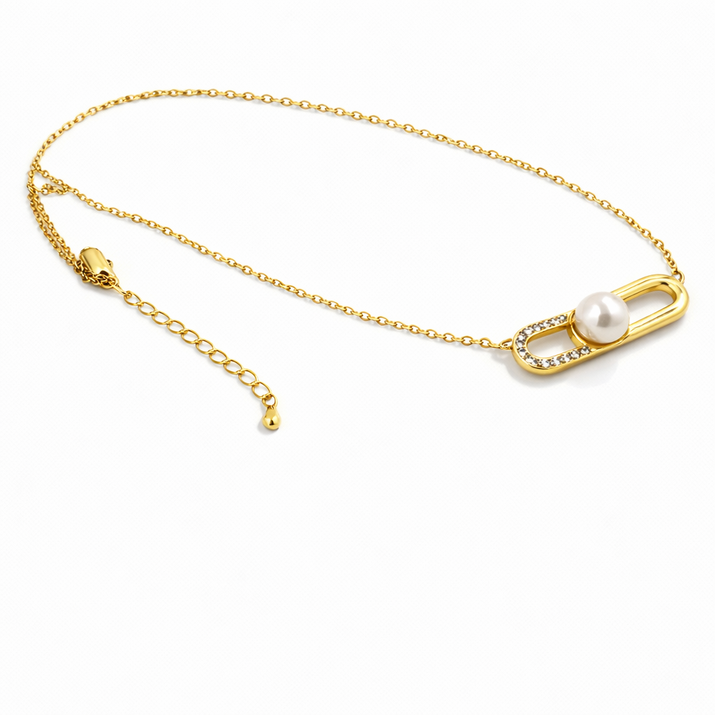 Gold-plated pearl link pendant jewelry set with CZ accents for women, includes necklace, earrings, and ring, anti-tarnish finish by Jinam.