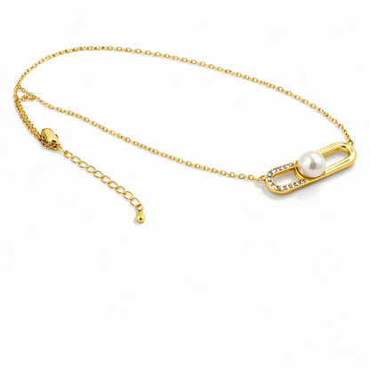 Gold-plated pearl link pendant jewelry set with CZ accents for women, includes necklace, earrings, and ring, anti-tarnish finish by Jinam.
