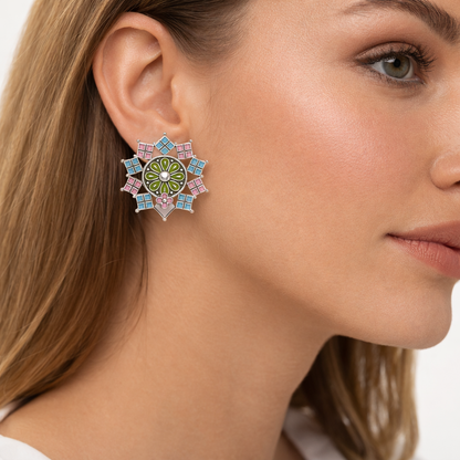 Pastel Enamel Geometric Snowflake Stud Earrings with Floral Centre
