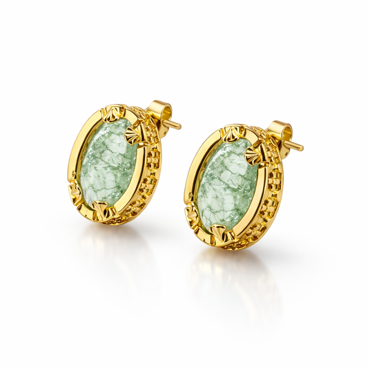 Oval Green Marble Stone Gold Tone Stud Earrings