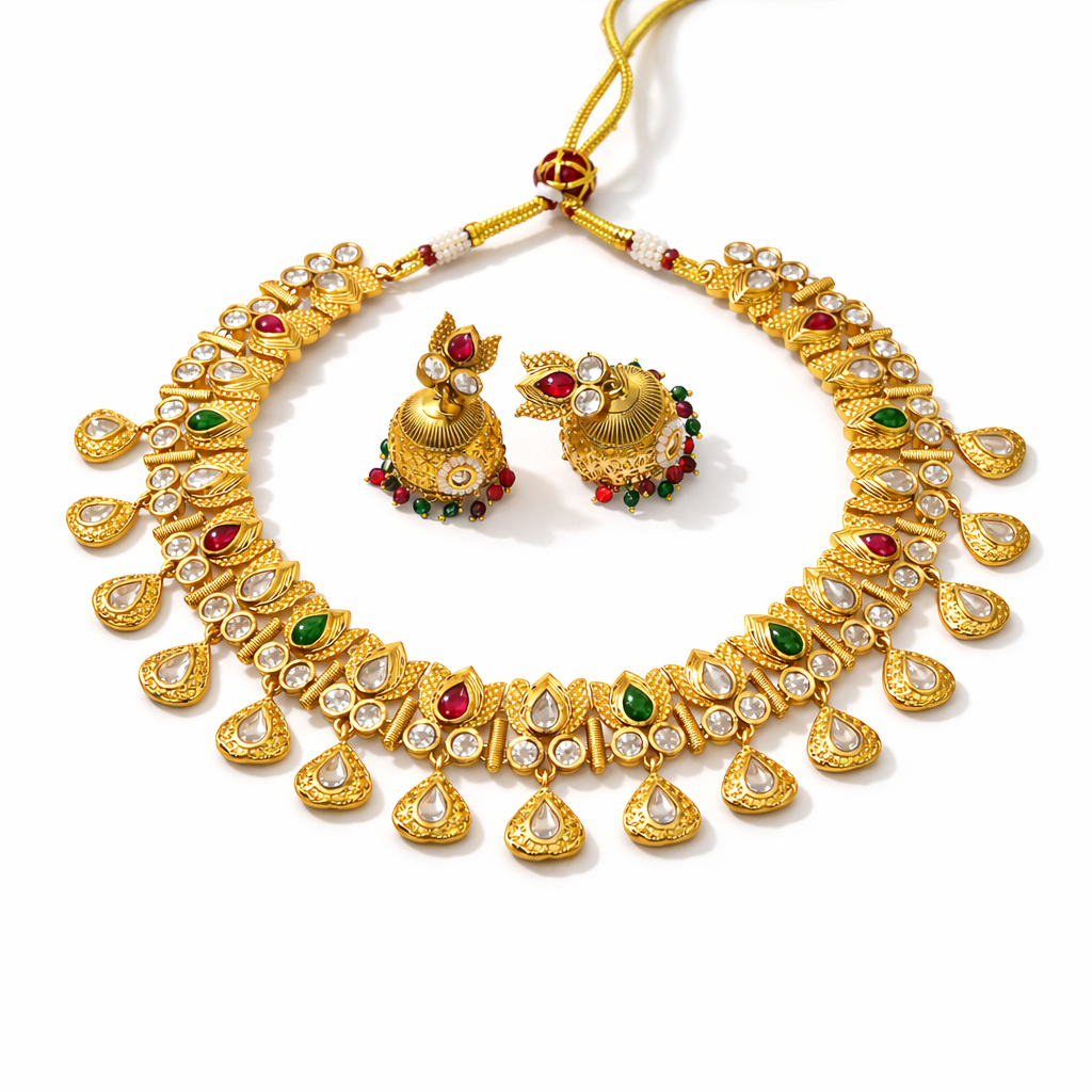 Jinam antitarnish temple kundan imitation necklace set with matching jhumka earrings, traditional jewelry for special occasions