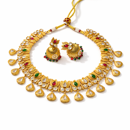 Jinam antitarnish temple kundan imitation necklace set with matching jhumka earrings, traditional jewelry for special occasions