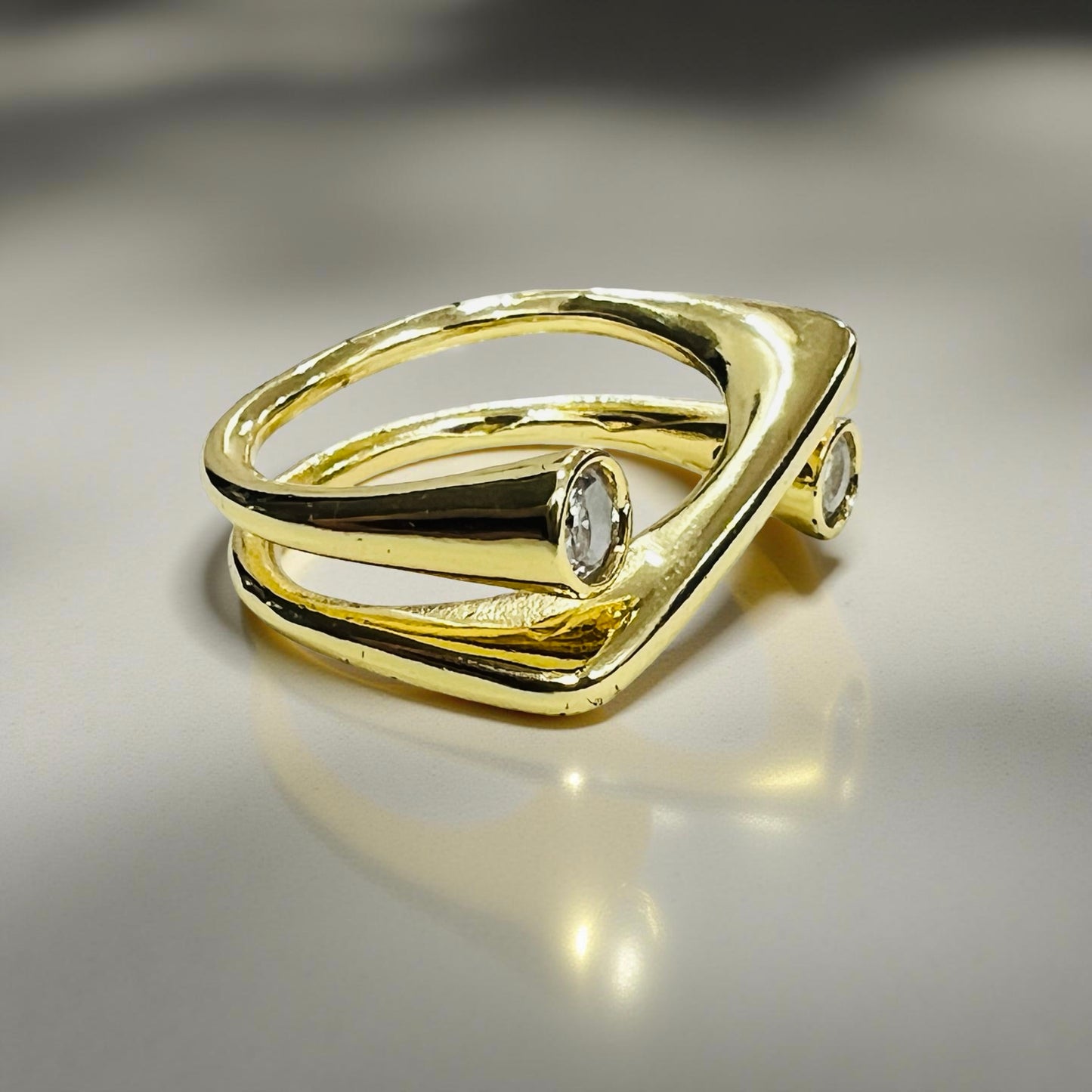 Dual Crystal Open Band Ring – Gold Plated | Adjustable Size