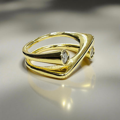 Dual Crystal Open Band Ring – Gold Plated | Adjustable Size